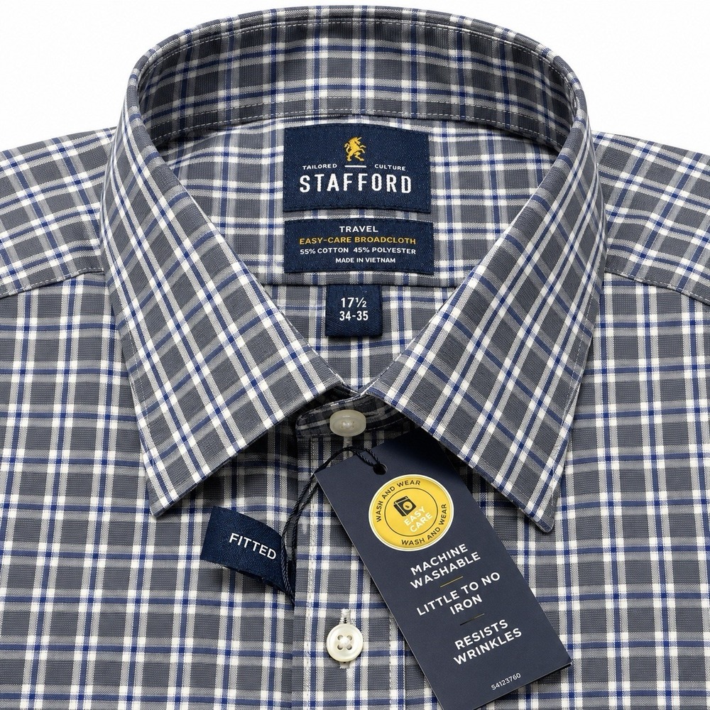 NWT Stafford Mens Dress Shirt 17.5 34/35 Fitted Gray Plaid Easy Care Broadcloth